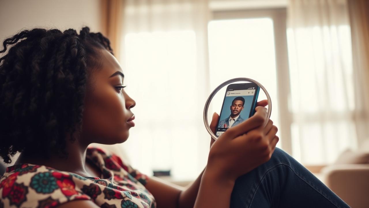 Nigerian woman carefully checking Instagram profile authenticity on her phone